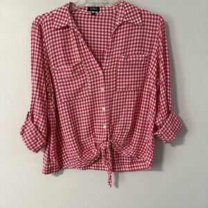Jones New York Womens Top Size XL Pink Gingham Tie Button Front Roll Tab Blouse